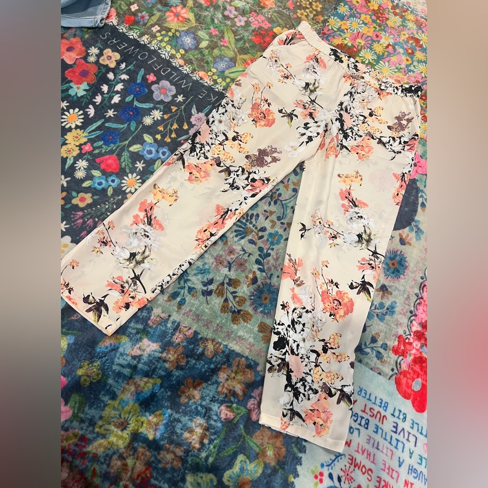 LOFT Cream Straight Leg Jumpsuit with Floral Pattern